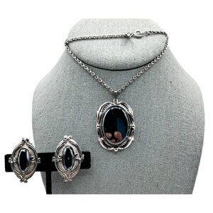 Vintage Whiting Davis Jewelry Set Necklace & Clip-On Earrings Hematite Look Silv